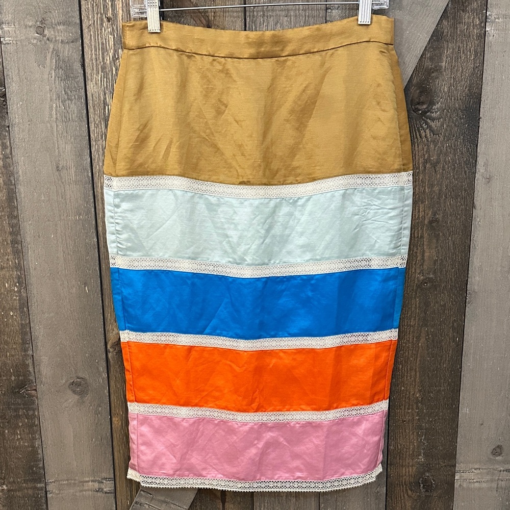J.Crew Colorblock Linen Midi Skirt 6 Tall Coastal Resort Lace Trim Statement